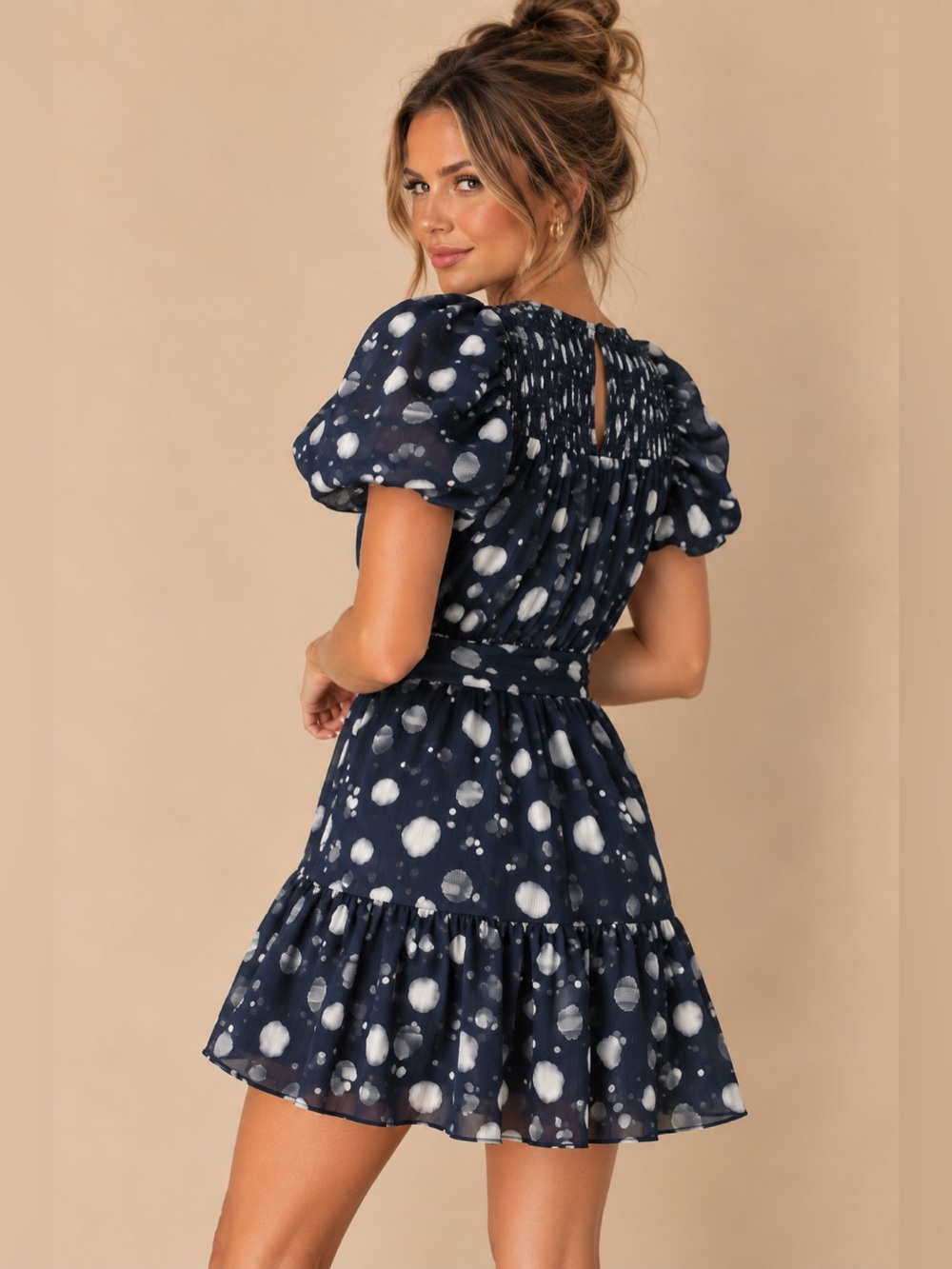 Ted Baker Navy Blue Ivory Polka Dot Wrap Belted Puff Sleeve Ruffle Hem Mini US 4 - Picture 3 of 9